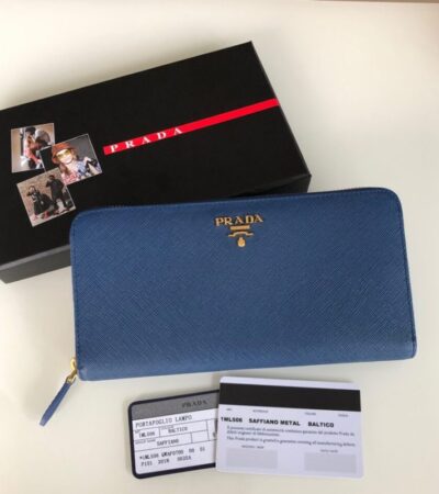 Replica Prada Saffiano Long Zipper Wallet Blue - Best Fake Designer Bags