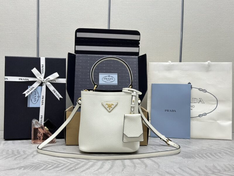Replica Prada  Saffiano Black Bucket White - Best Fake Designer Bags