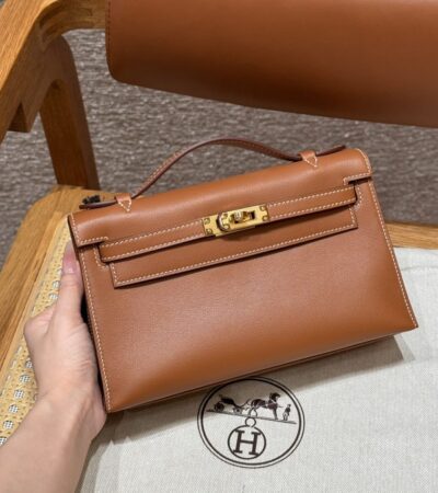 Replica Hermes Kelly Pochette Swift Brown - Best Fake Designer Bags