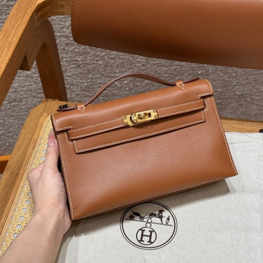 Replica Hermes Kelly Pochette Swift Brown - Best Fake Designer Bags